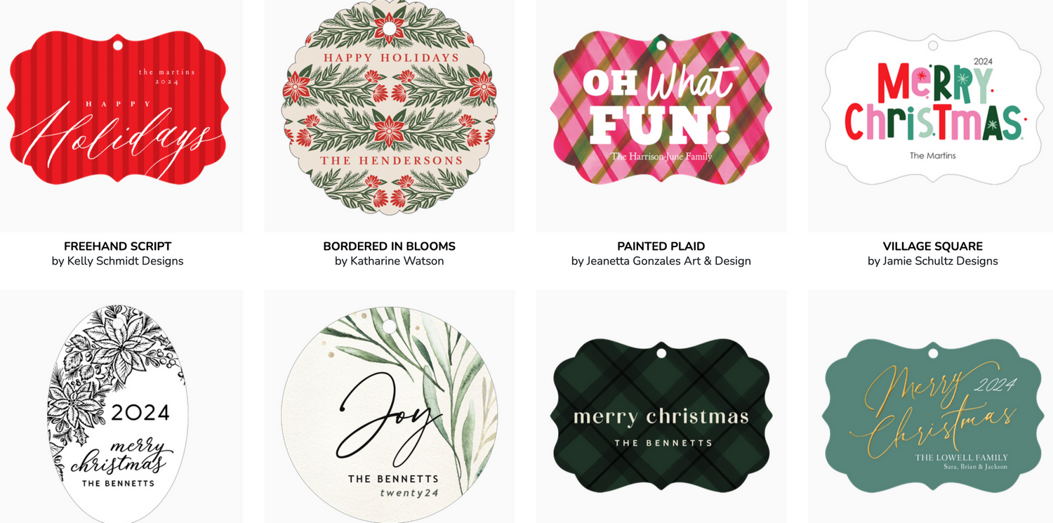Set of ornamental Christmas gift tags featuring various holiday designs and typography styles.