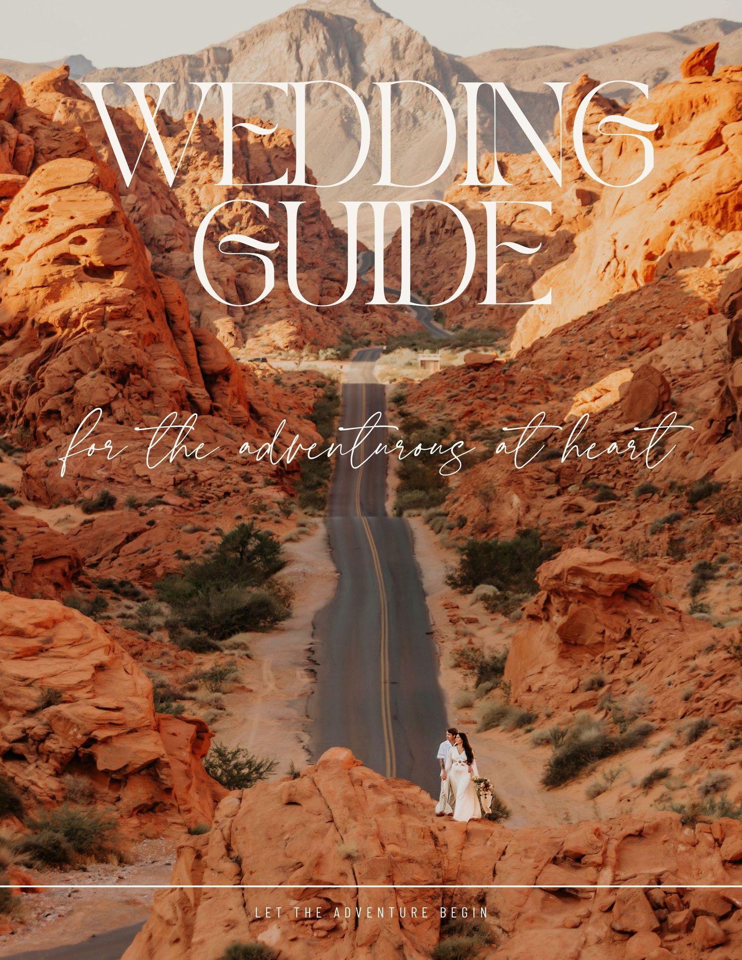 Wedding guide book cover featuring a couple standing on a desert road surrounded by red rock canyon formations.