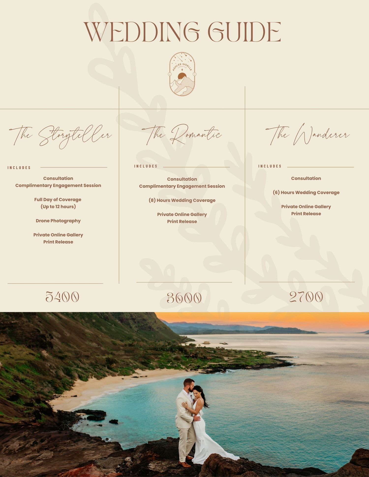 Wedding guide brochure featuring three photography packages with a couple posing on a scenic coastal cliff at sunset.
