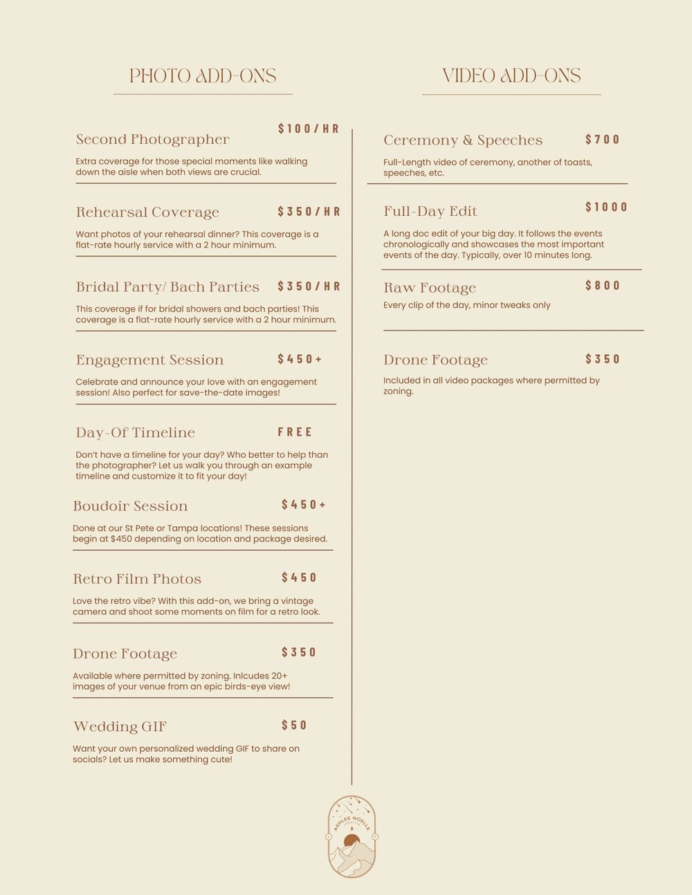 Pricing menu for wedding photography and videography services in elegant beige and brown design.
