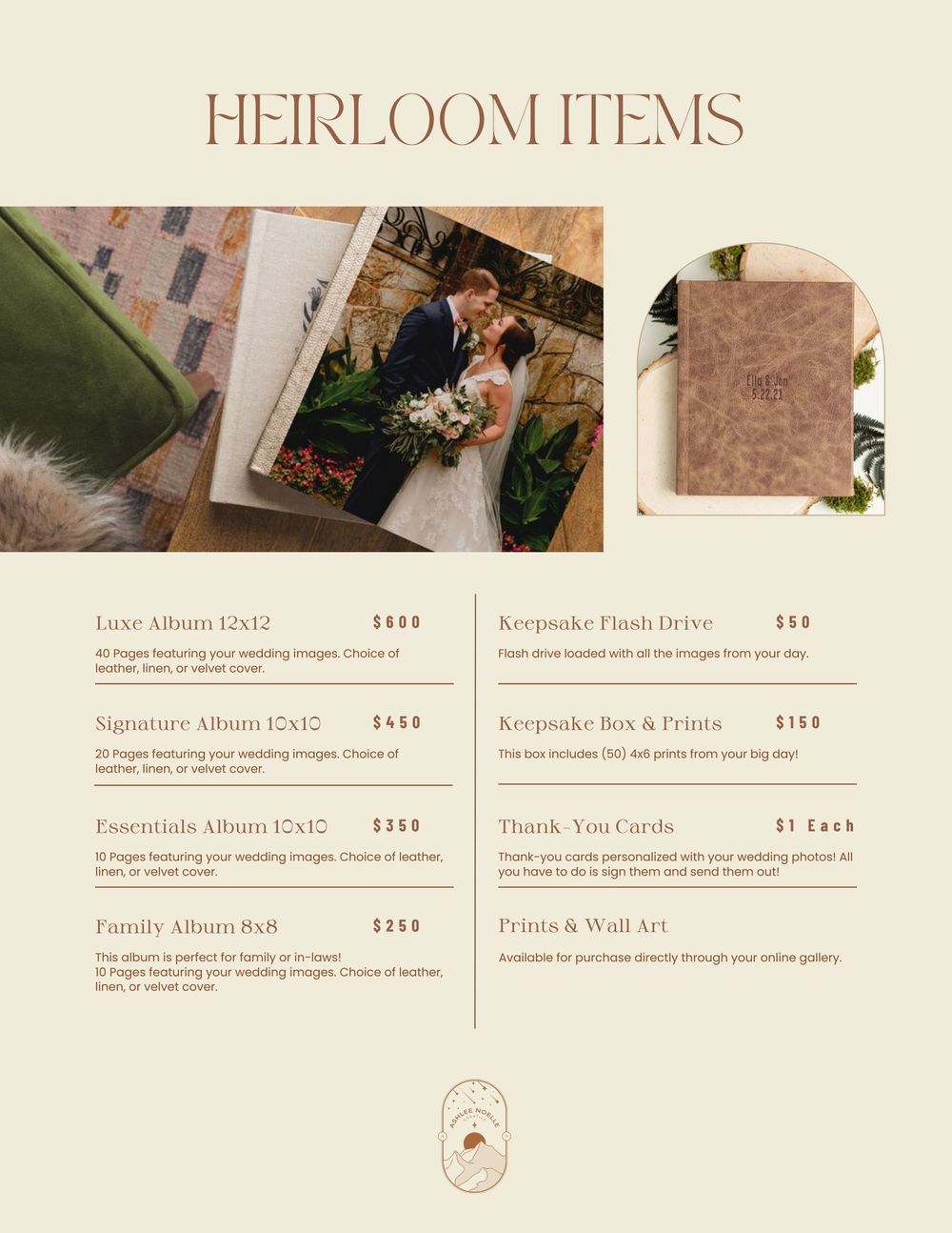 Product pricing list for wedding heirloom items including albums and prints in vintage style.