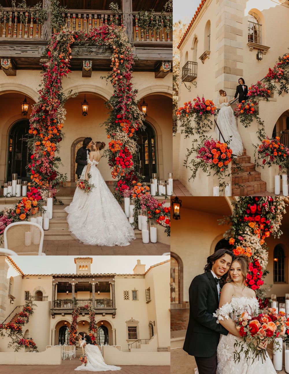 Wedding venue decorated with dramatic red floral arches and Spanish colonial architecture.