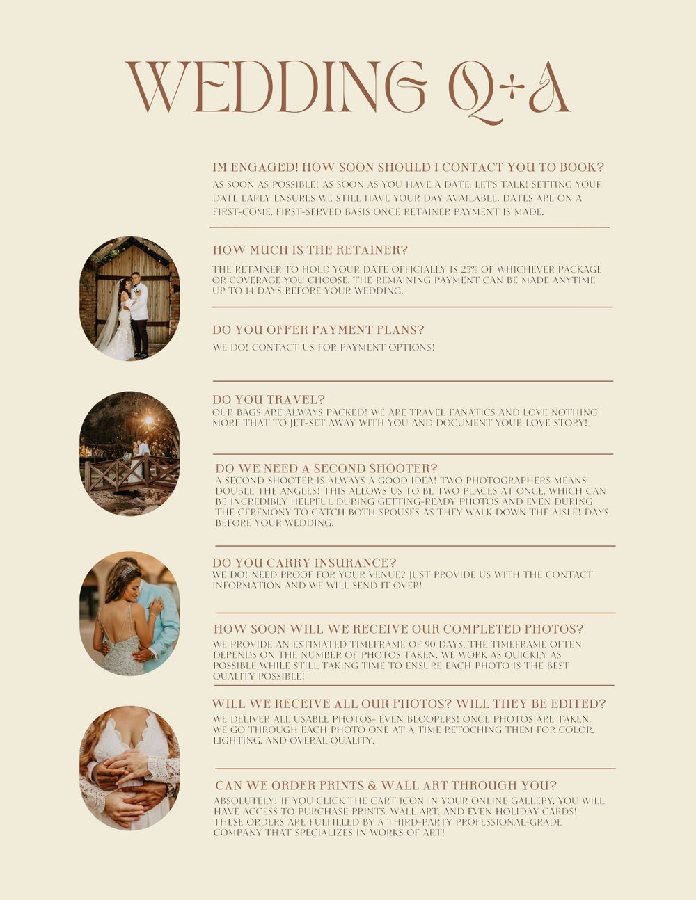Wedding FAQ page with circular photos addressing common questions in elegant typography.