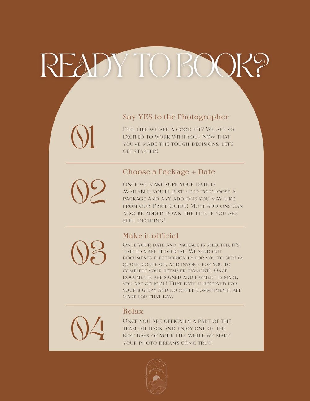 Four-step booking guide in arch design layout with brown and beige color scheme.