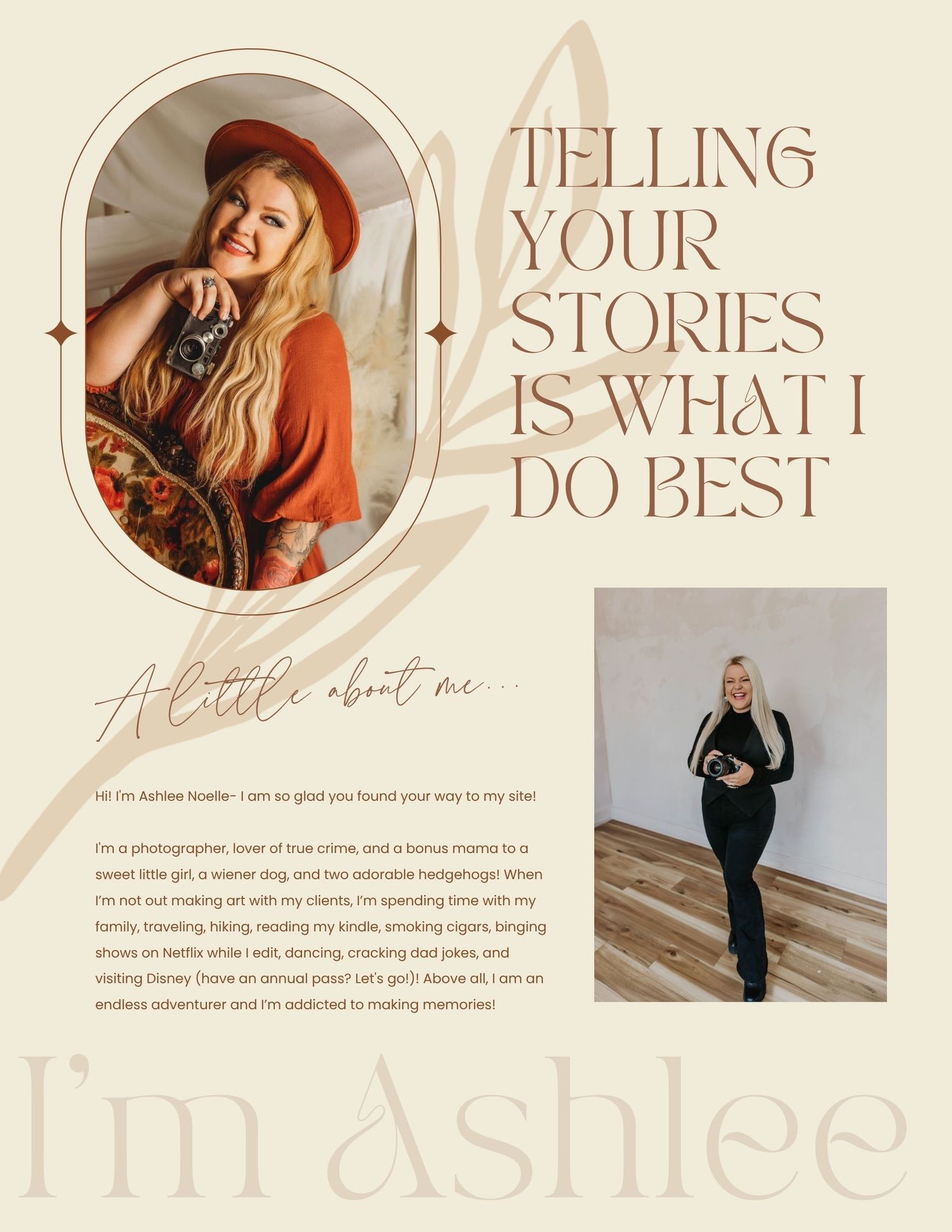 Photographer Ashlee Nowler smiling in a promotional collage with text about storytelling and a personal bio.