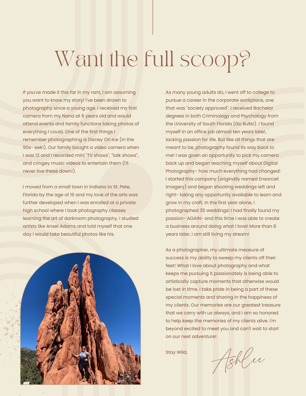 Wedding photography information page with red rock formations and handwritten signature.