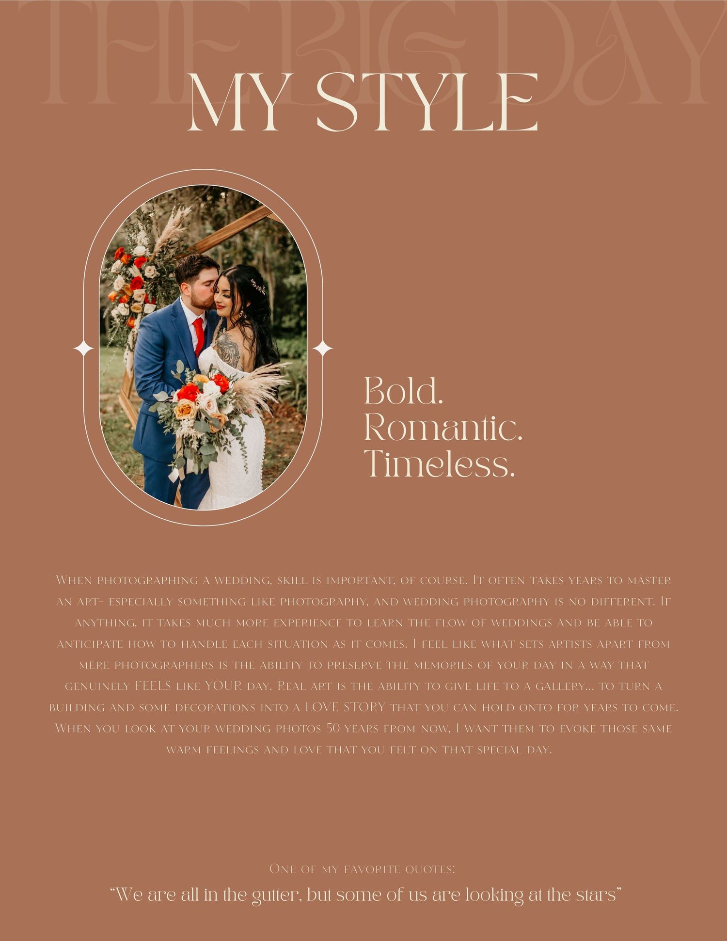 Elegant wedding photography style guide featuring a romantic couple embracing with floral bouquet on warm terracotta background.
