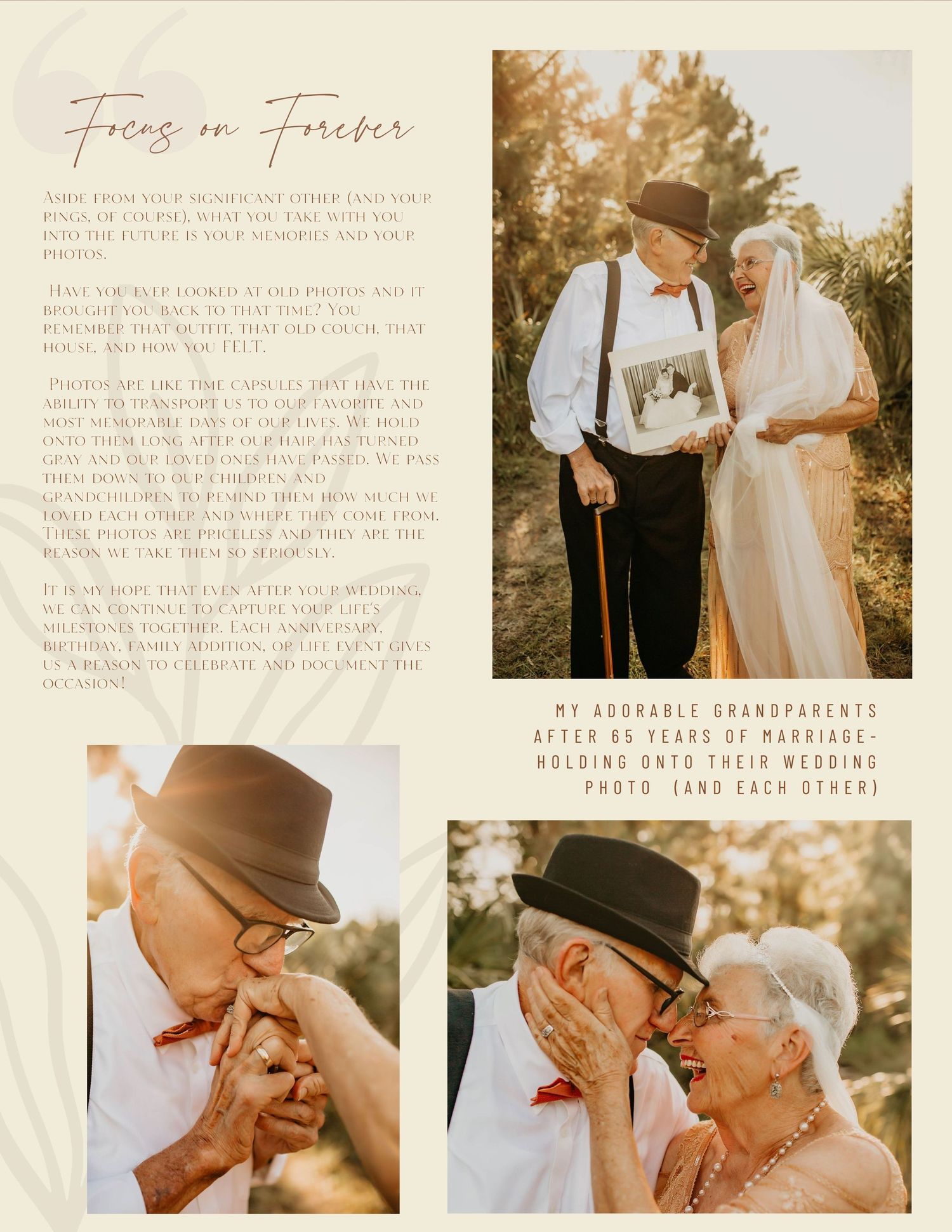 Elderly couple in wedding attire holding vintage photo, celebrating 65 years of marriage outdoors.