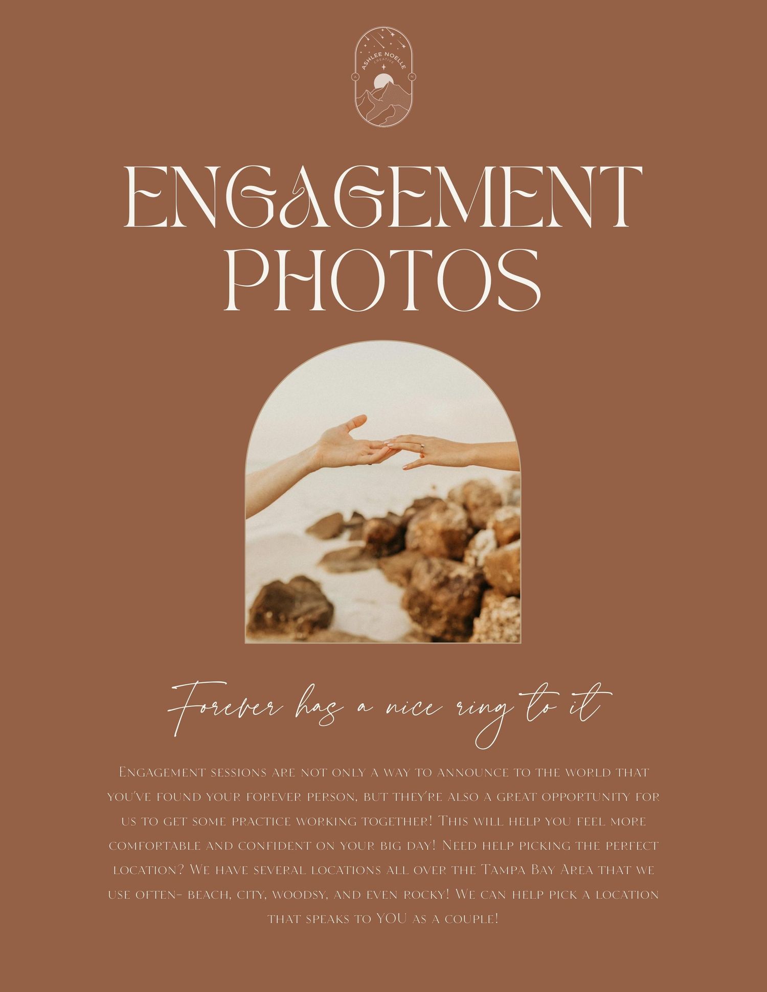 Elegant engagement photos promotional flyer with terracotta background, arch photo of couple hands, and romantic script typography.