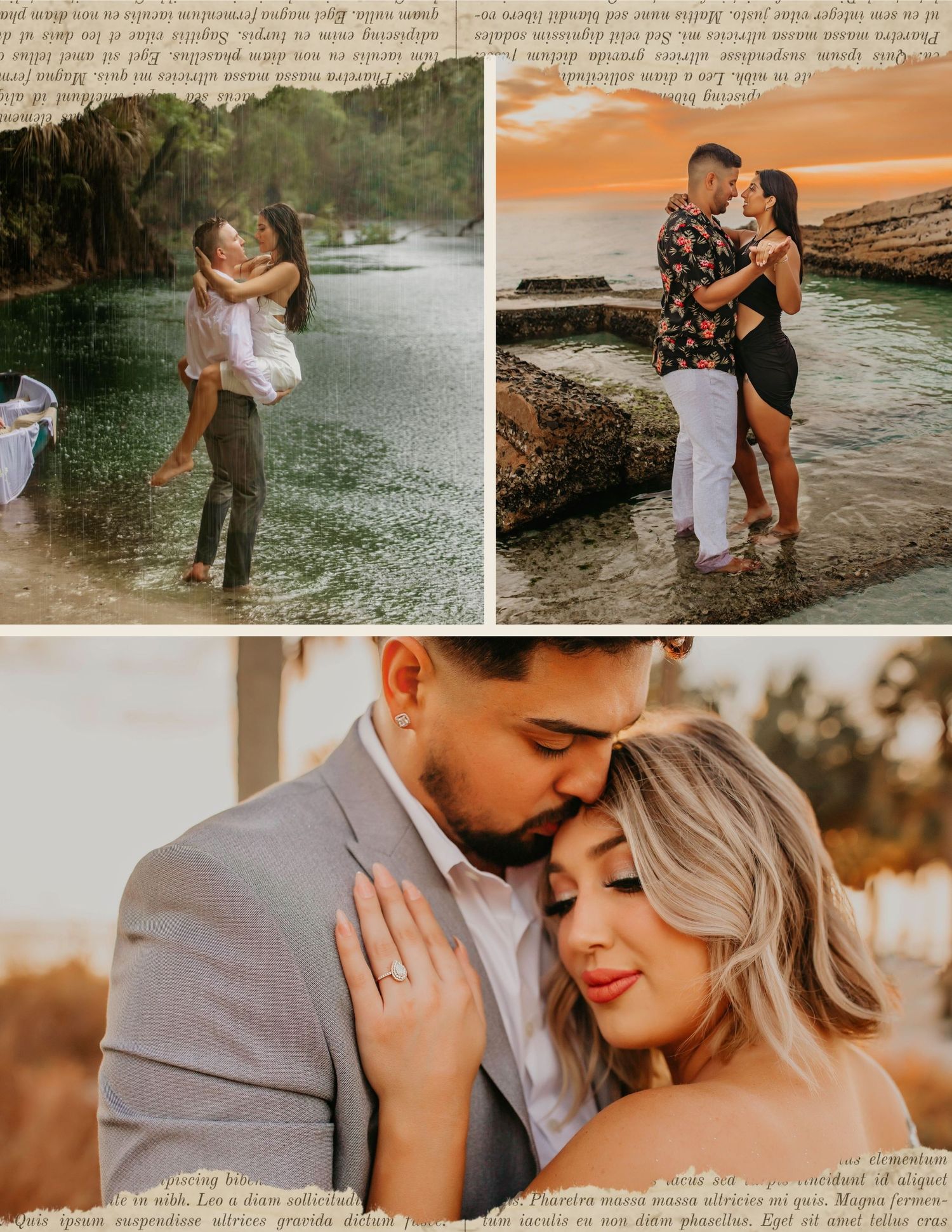 Romantic engagement photo collage featuring couples embracing near water at sunset with elegant script overlay.