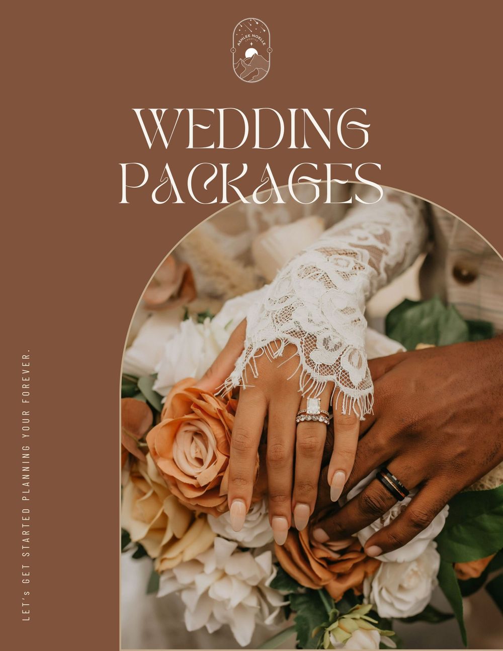 Wedding packages cover design featuring hands with rings and a peach rose bouquet.