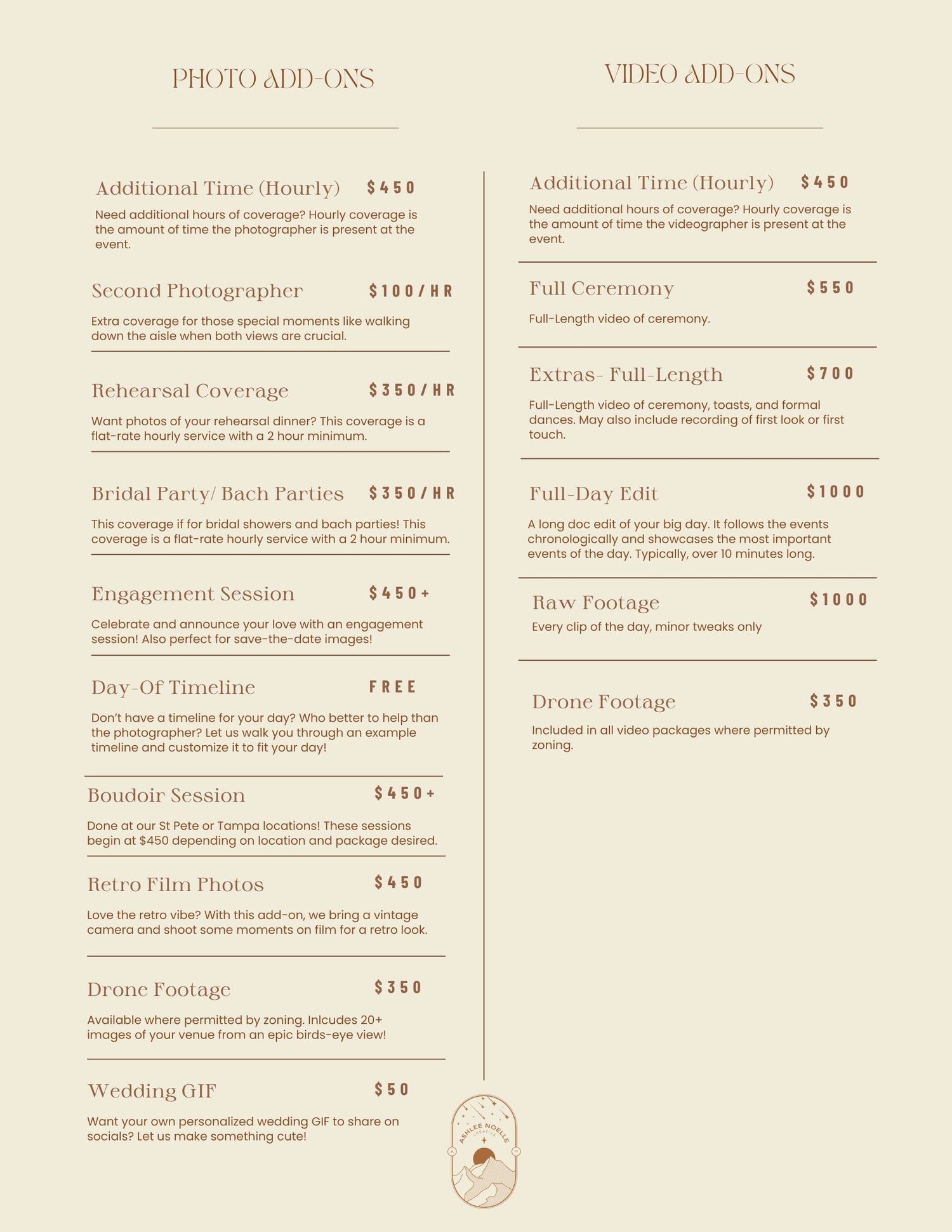 A beige wedding photography and videography price list featuring photo and video add-ons with detailed service descriptions and pricing.