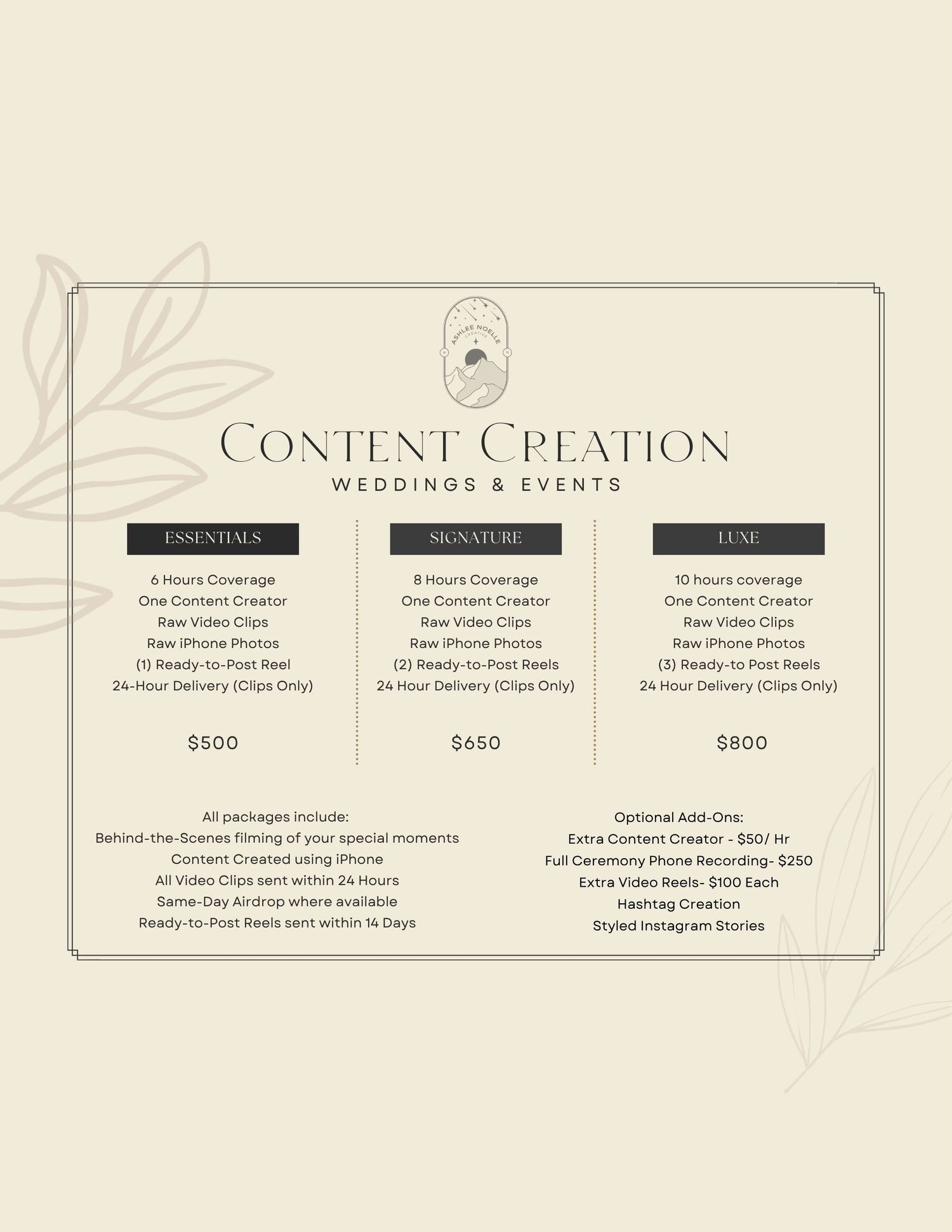 Wedding and events content creation pricing guide showing three packages: Essentials $500, Signature $650, and Luxe $800.