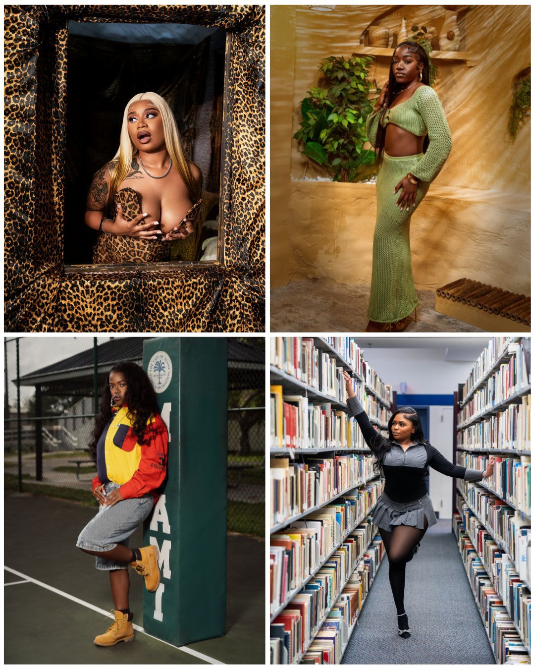 Four-panel collage featuring diverse fashion and lifestyle photography in different settings.