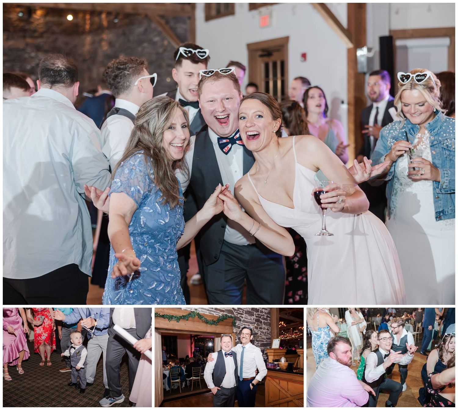 Party guests joyfully dancing and celebrating together on a wedding reception dance floor.