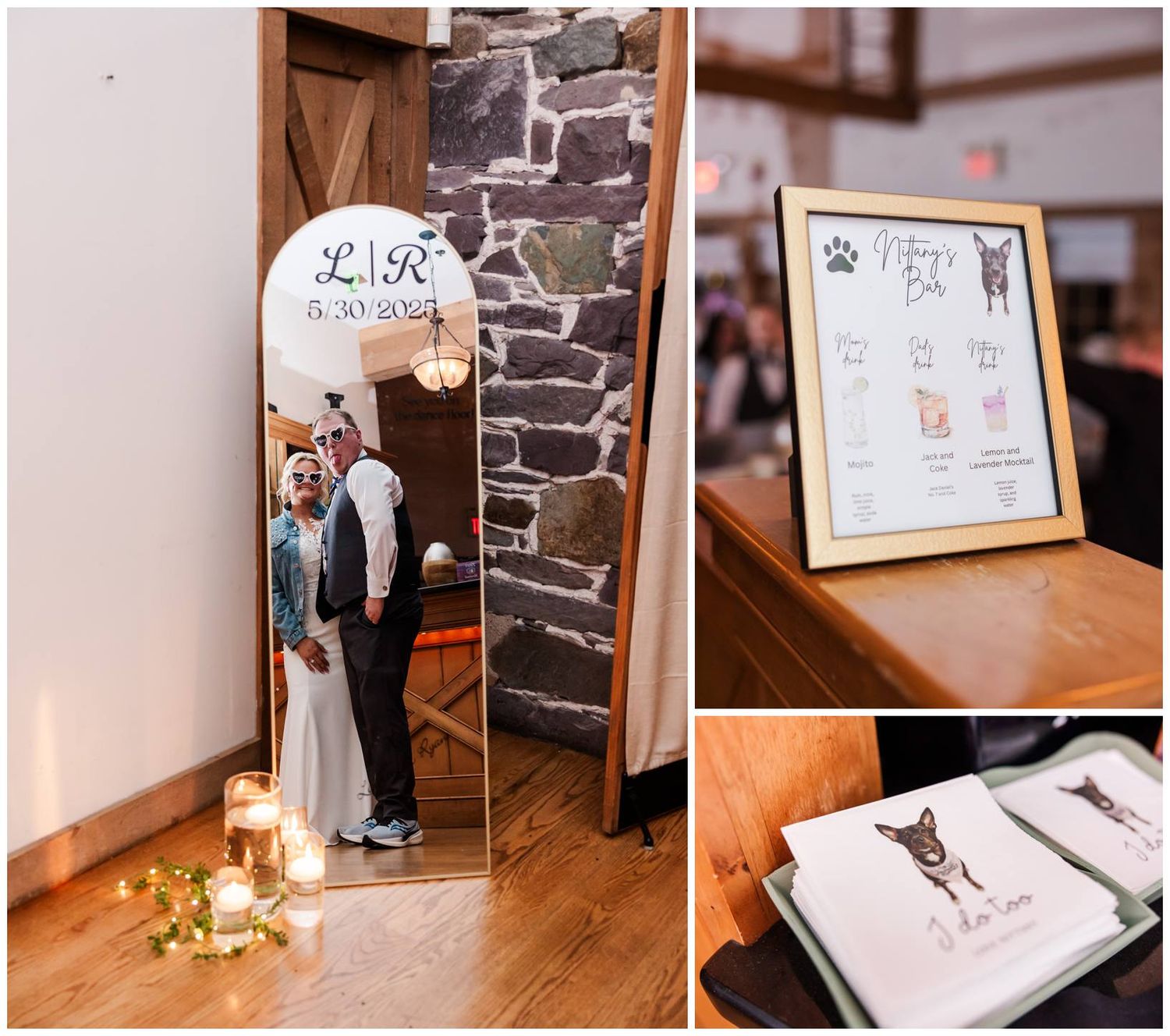 Wedding reception details featuring a white balloon, candlelight decor, and framed pet paw artwork display.
