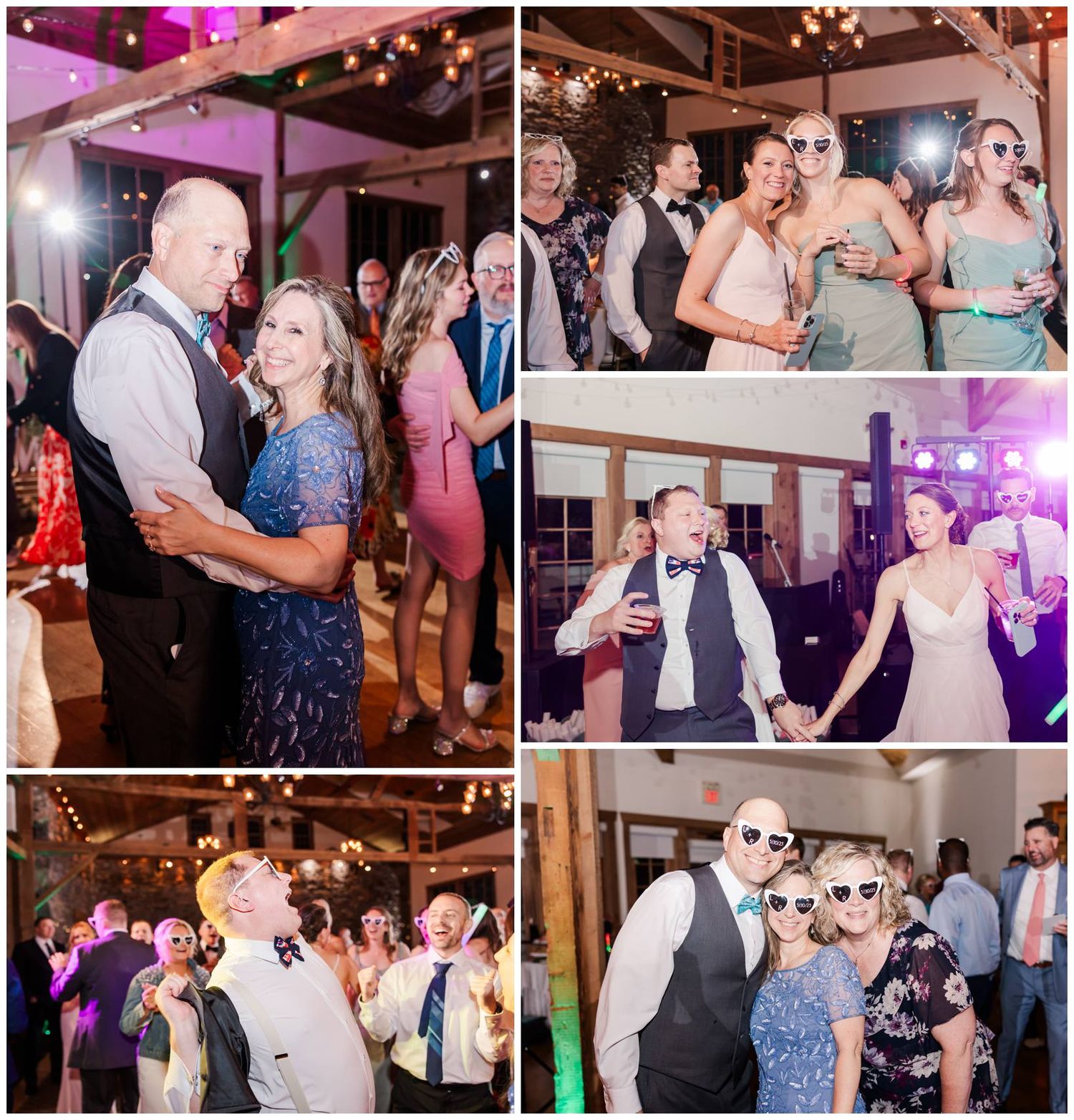 Wedding guests dancing and celebrating at a reception with purple lighting and rustic barn venue decor.