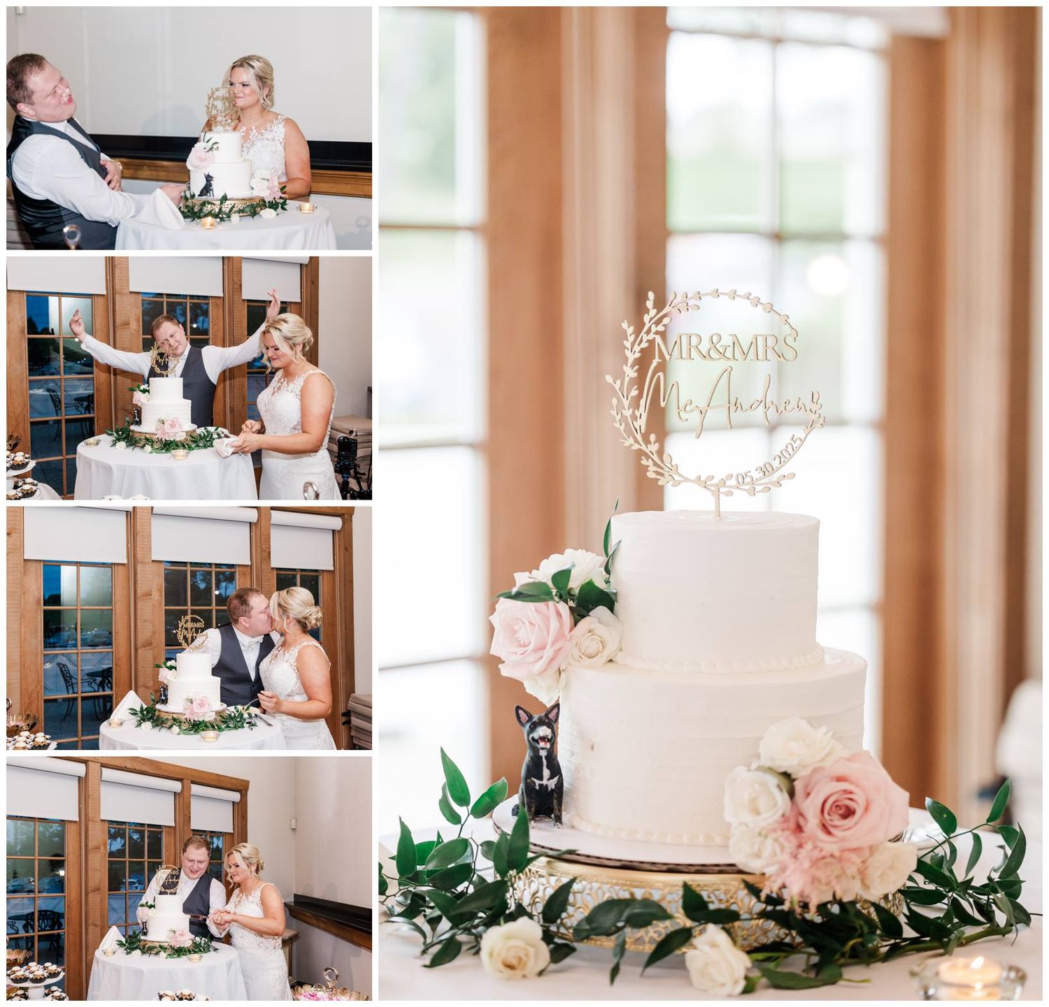 Multi-tiered white wedding cake decorated with fresh pink roses and greenery in an elegant sunlit venue.