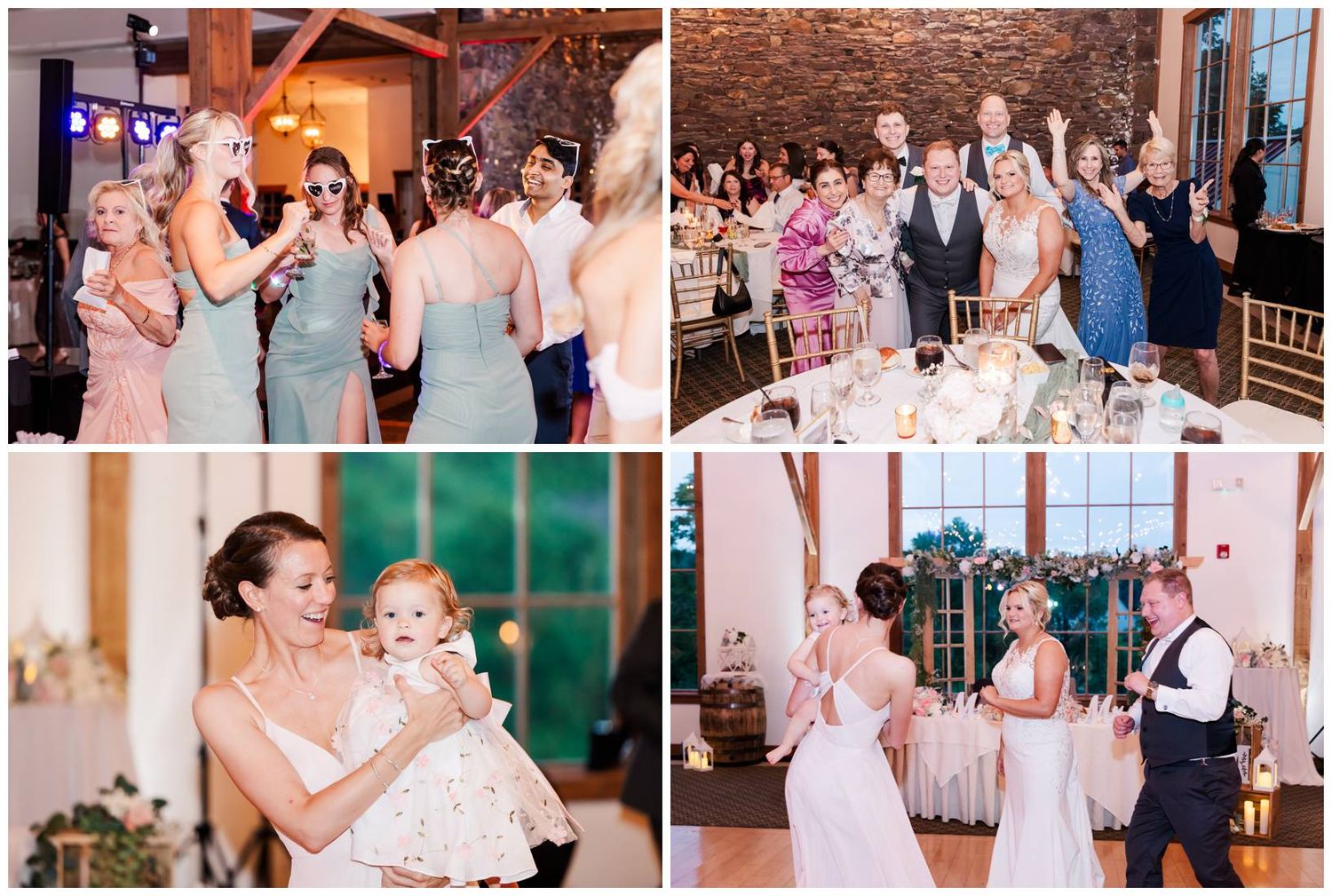 Wedding celebration in a bright reception hall with guests dancing and mingling during festivities.