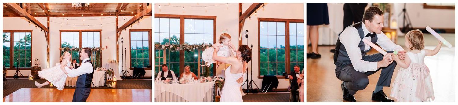 Wedding celebration scenes inside a rustic wooden barn venue with twinkle lights and elegant decor during special dances.