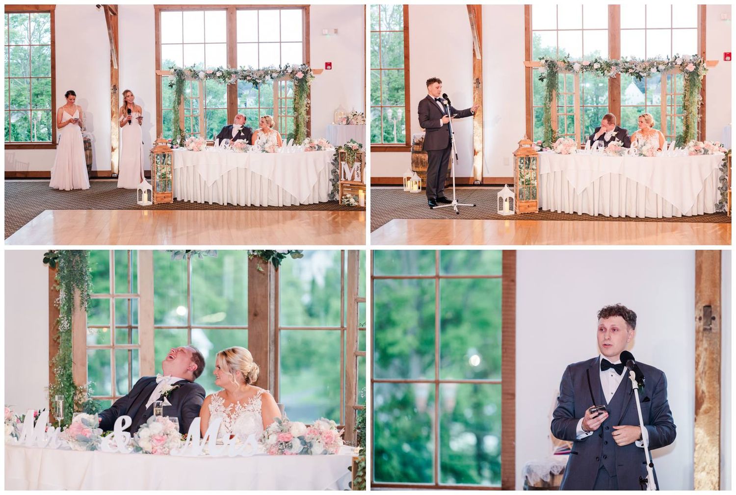 Elegant pink and white wedding reception venue with large windows and floral arrangements on banquet tables.