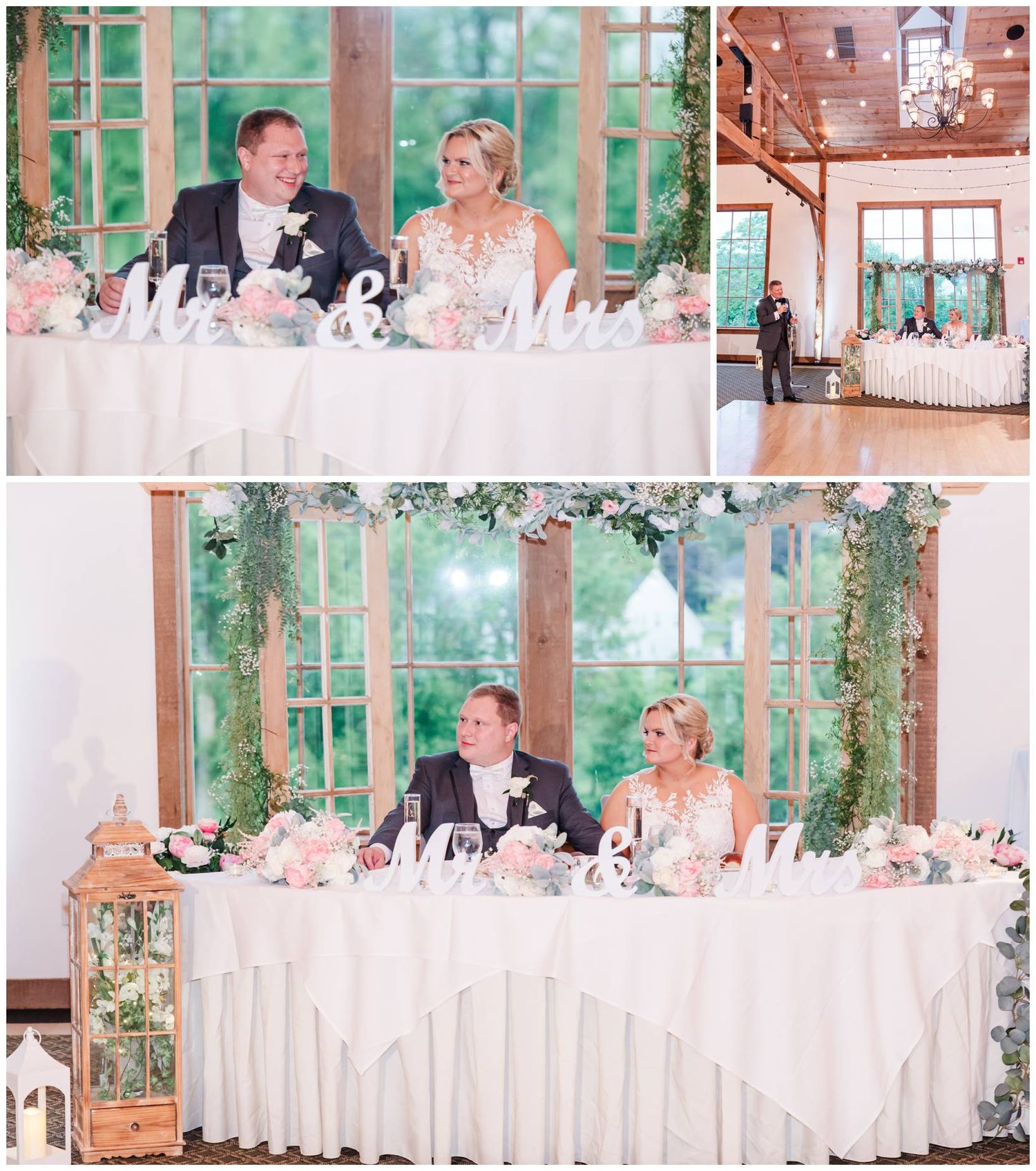 Wedding reception in an elegant greenhouse-style venue with white tables and floral arrangements featuring green accents.