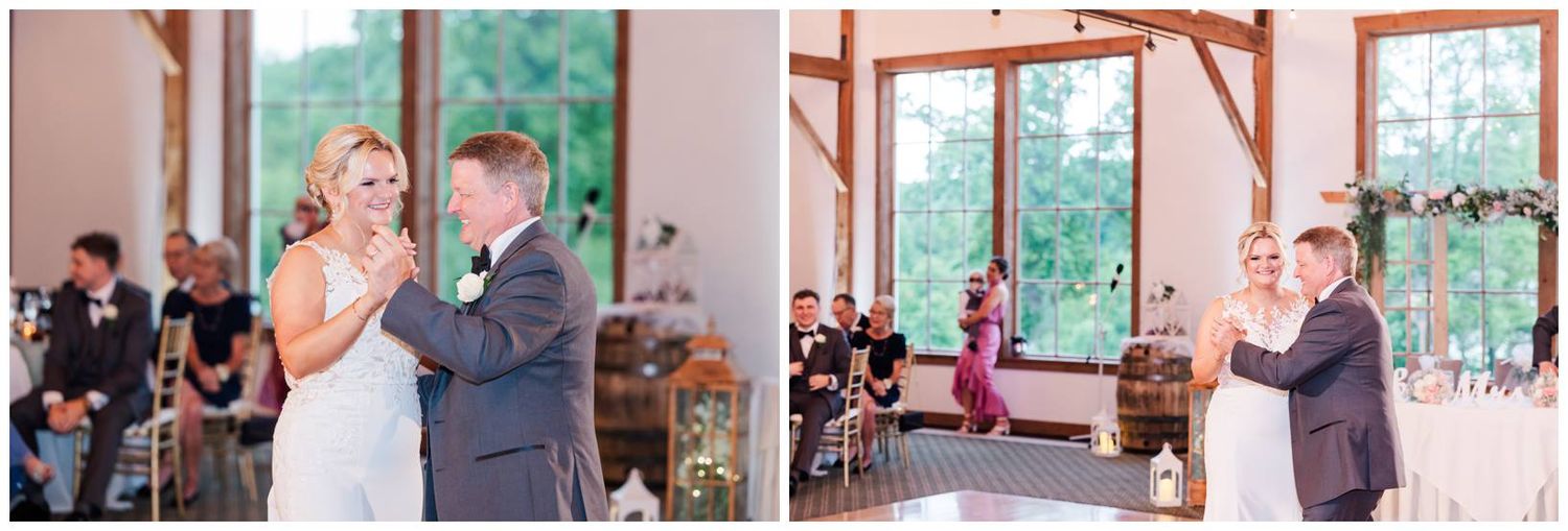 Two couples share joyful moments during a wedding ceremony in a scenic rustic venue with large windows.