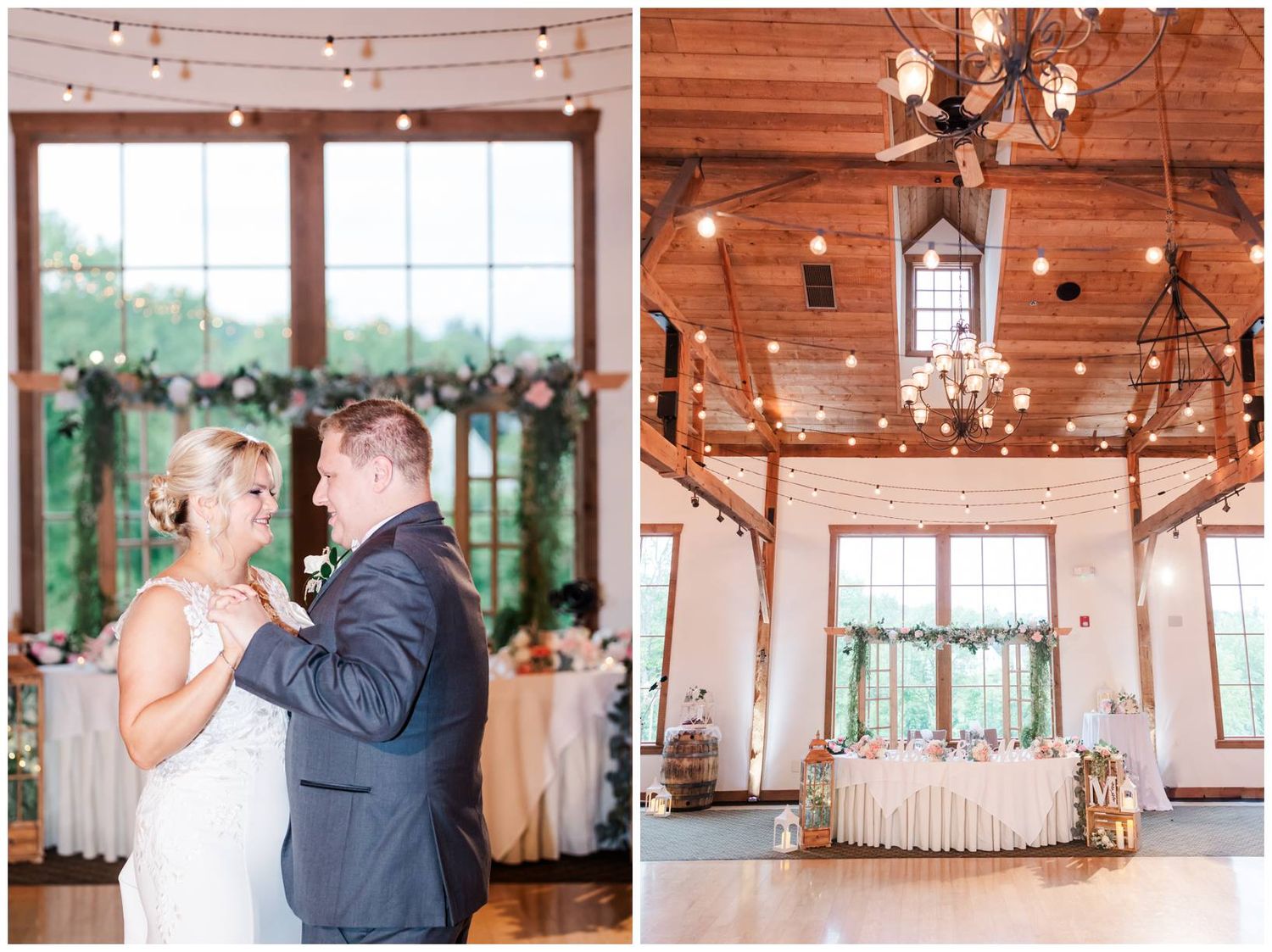 A rustic barn wedding venue features romantic string lights, chandeliers and a sweeping window view of greenery outside.