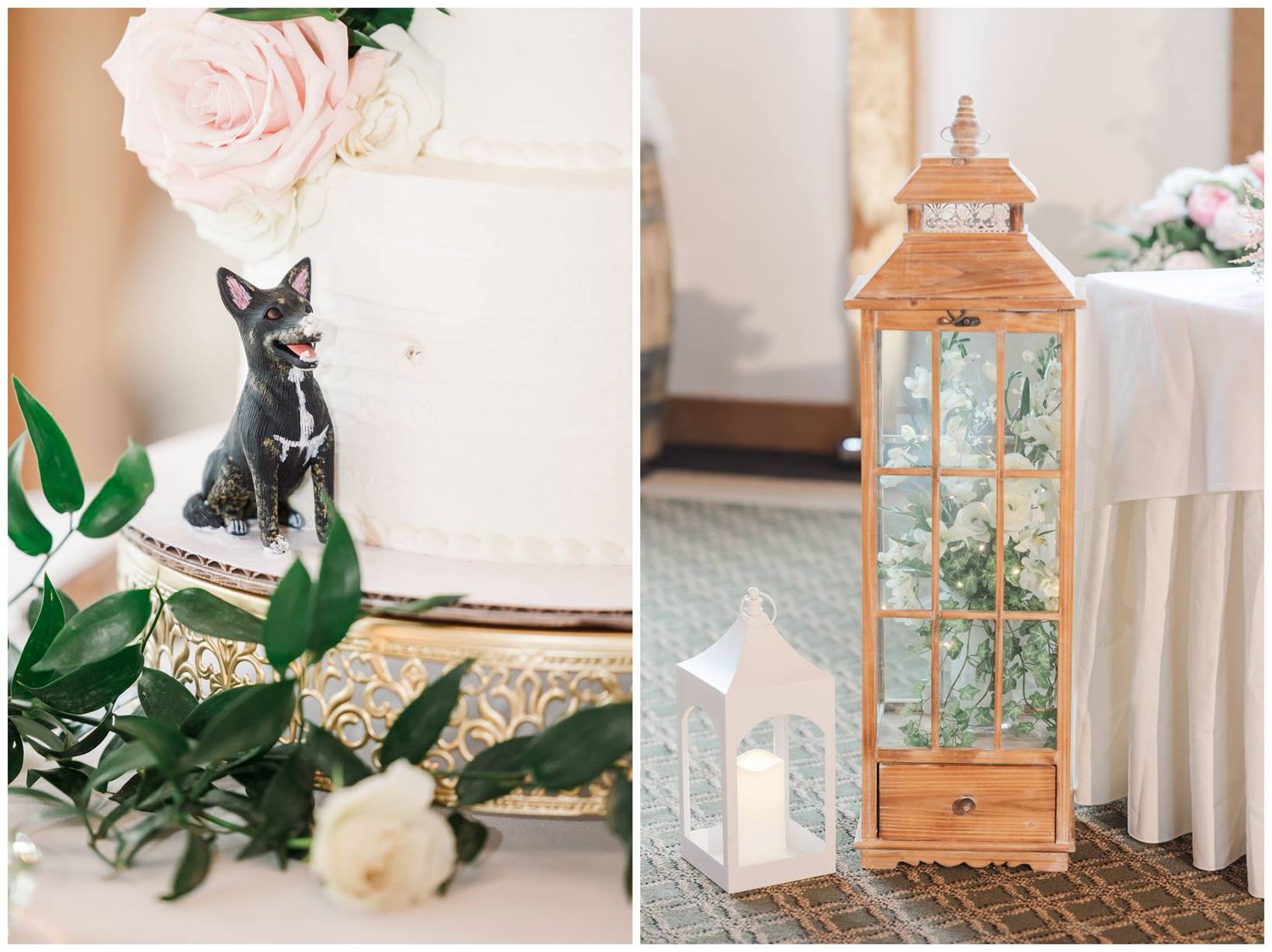 Elegant wedding decor featuring a black ceramic dog figurine, pink roses, and a rustic wooden lantern with floral accents.