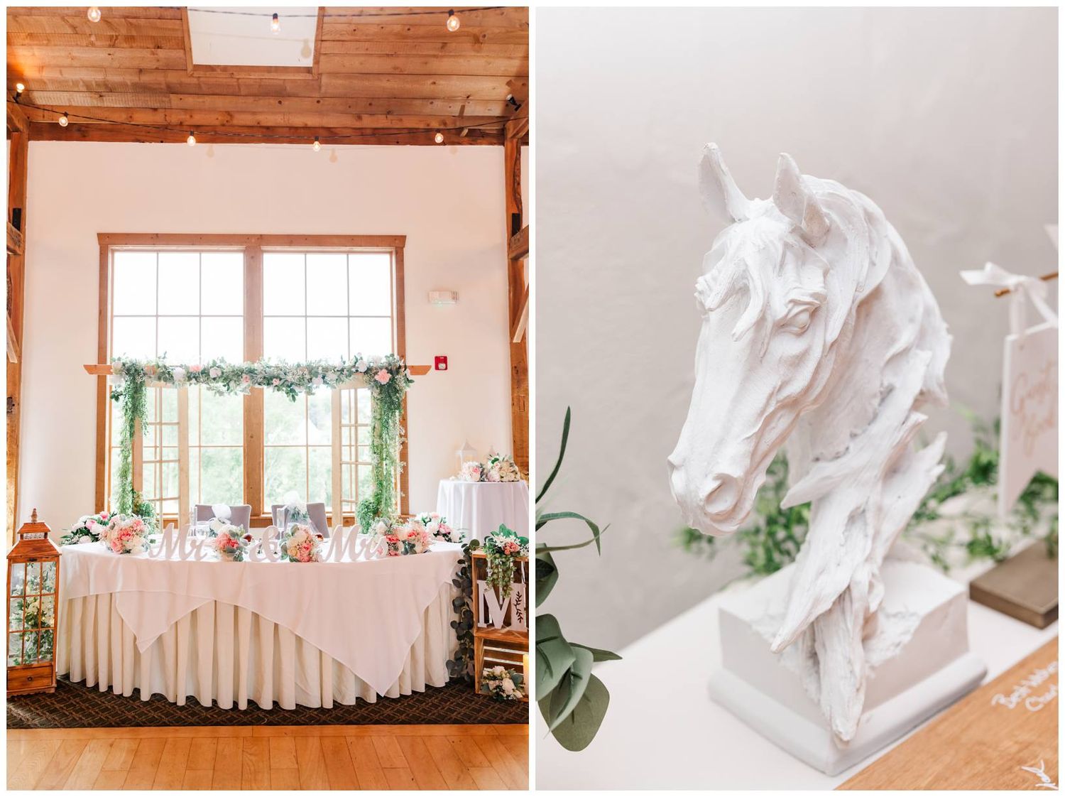 Wedding reception hall with long head table and white tablecloths next to elegant white horse bust sculpture on display.