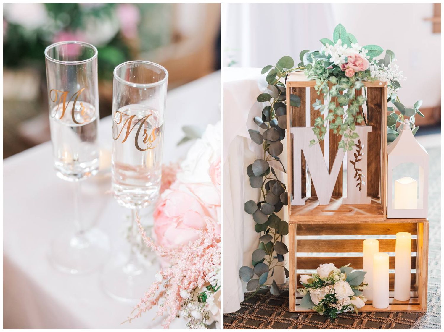 Wedding ceremony decor features delicate floral arrangements and wooden signs with modern calligraphy at a reception.