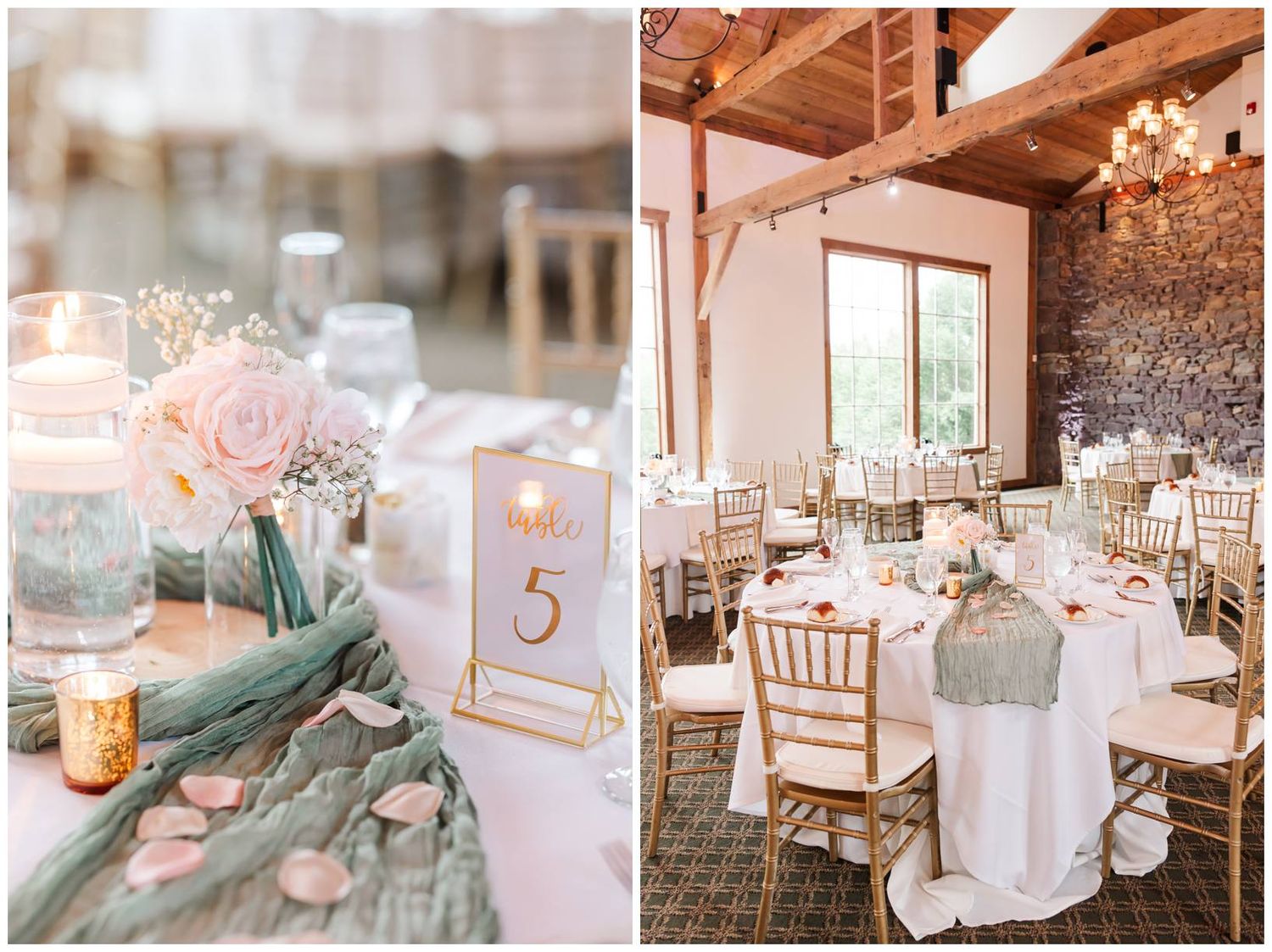 Elegant wedding reception decor with soft pink roses and table number beside rustic venue with stone wall and white linens.