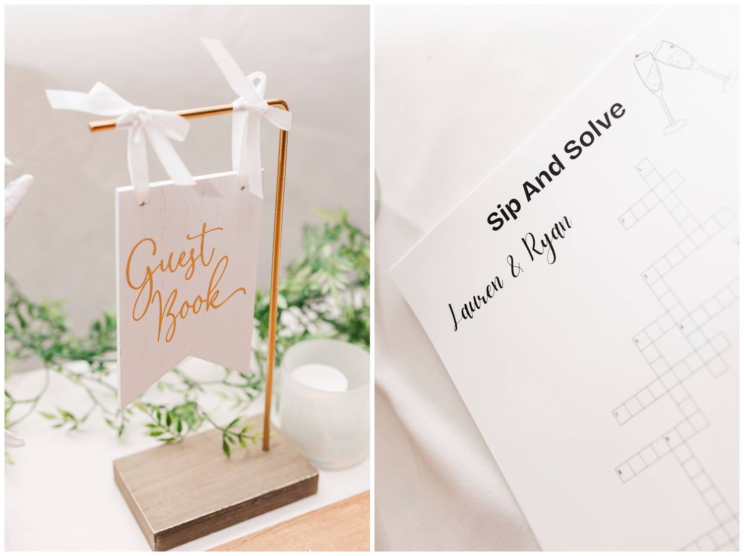 Elegant wedding guestbook sign with gold script and white ribbon on wooden stand next to white rsvp cards.