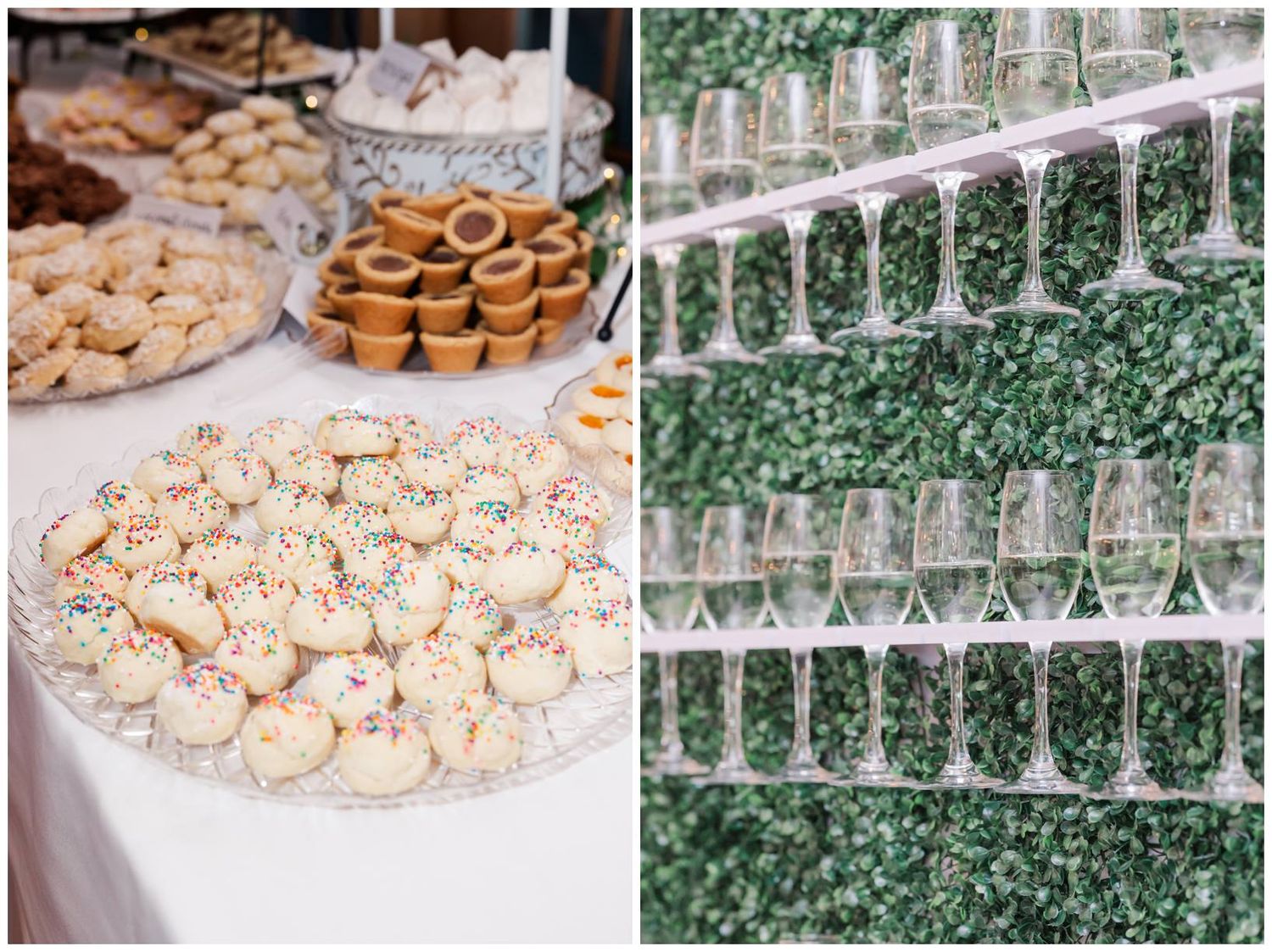 A split image showing plates of decorated cookies on the left and rows of glass mason jars with greenery backdrop on the right.
