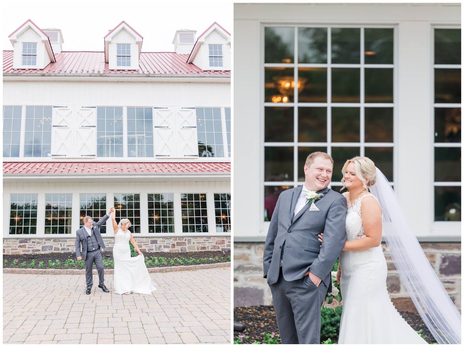 Wedding couple posing outside historic building with white columns and dormers on a stone patio.