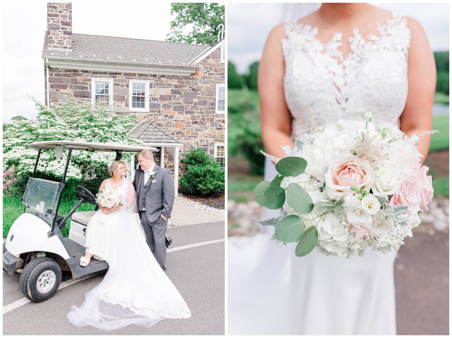 Wedding couple near a stone building with golf cart and close-up of elegant white bridal bouquet with roses and eucalyptus.