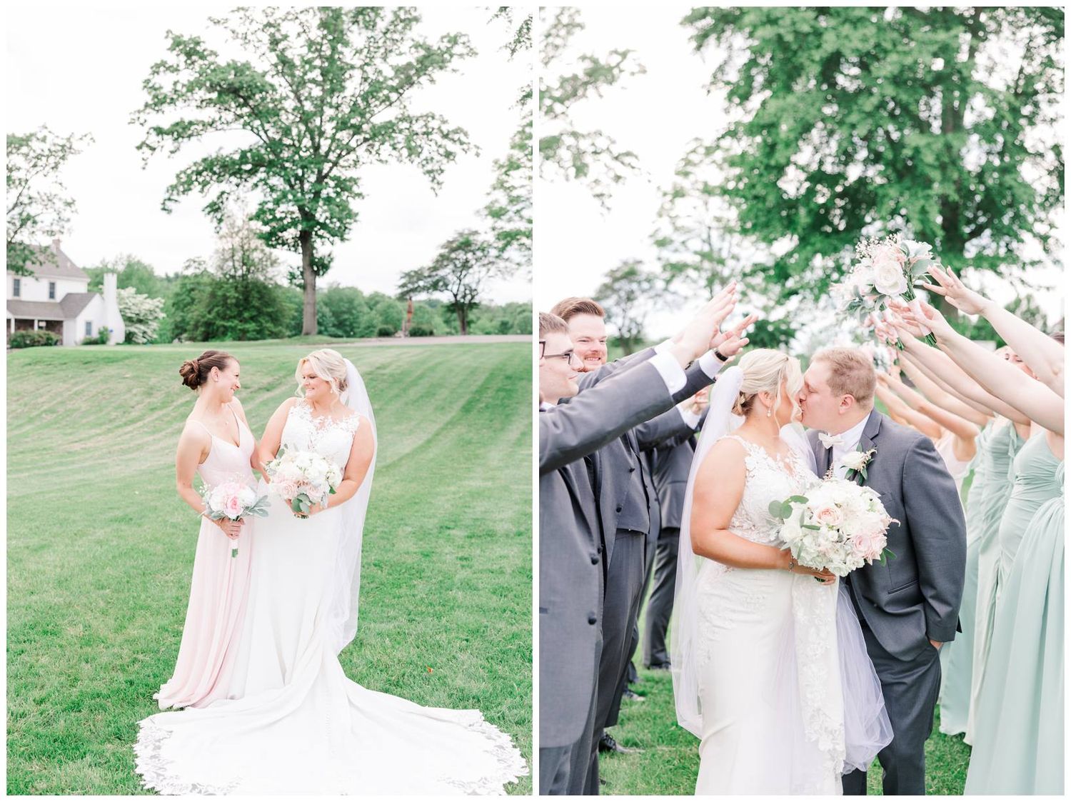 Wedding party members celebrate together outdoors surrounded by lush green trees and grass.