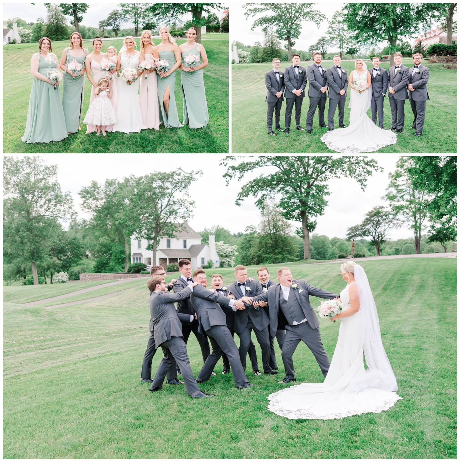 Wedding party poses for photos in three arrangements on a green lawn with trees in the background during summer event.