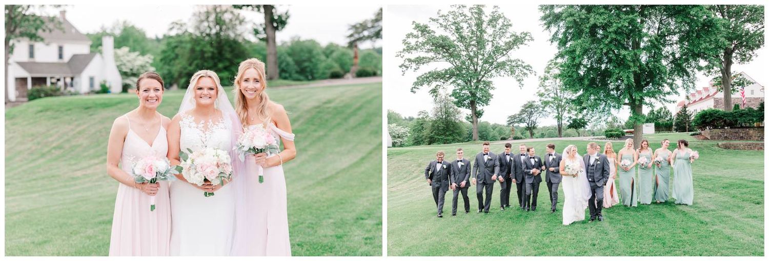 Two side-by-side wedding photos showing the bridal party in blush pink and gray attire on a grassy lawn in daylight.