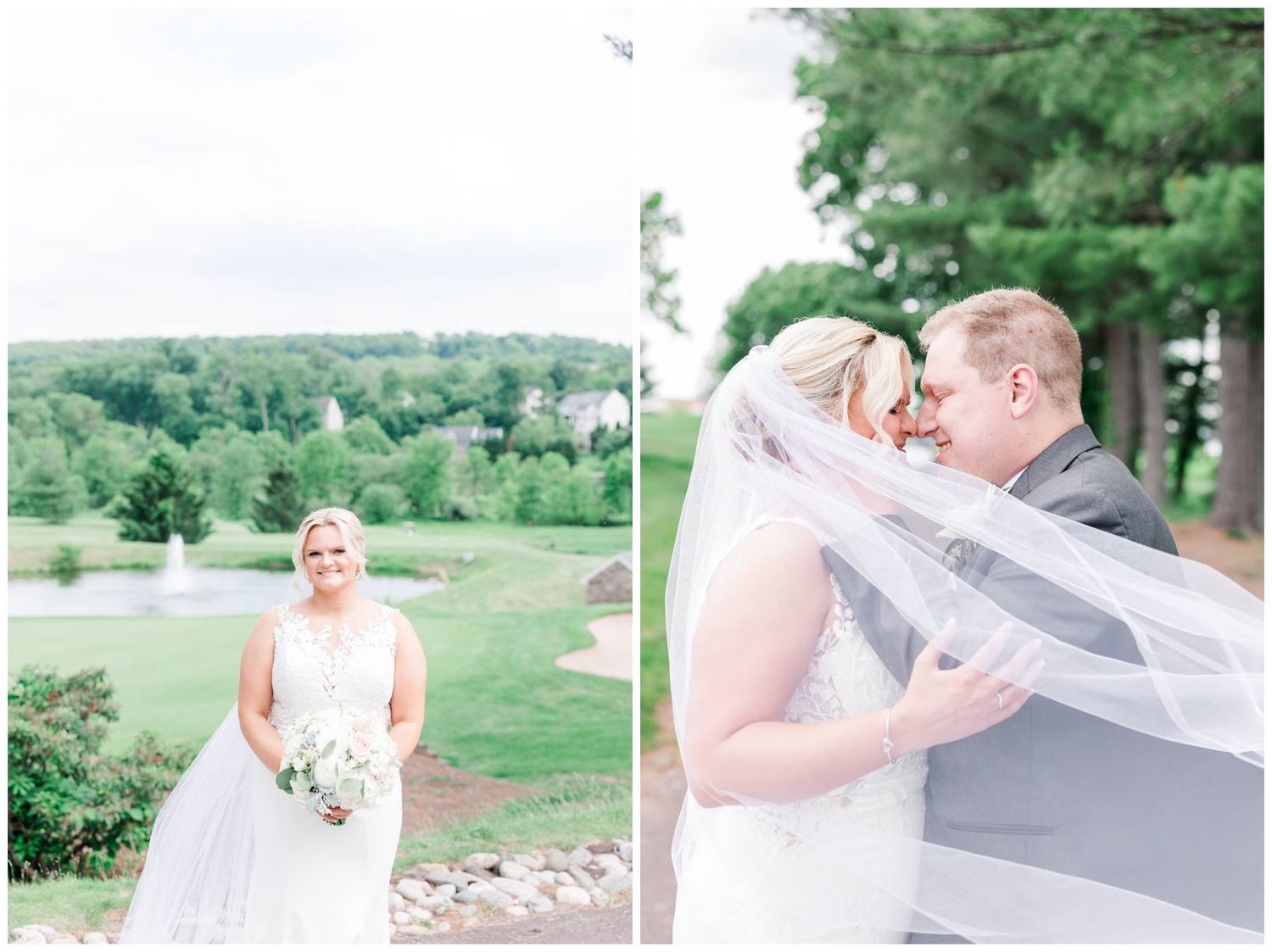 A scenic outdoor wedding scene with rolling hills and greenery, featuring romantic moments captured in soft light.