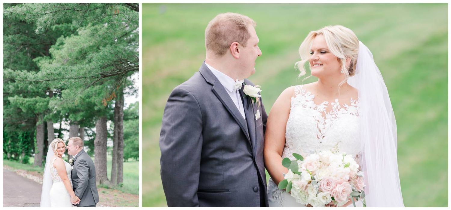 Outdoor wedding portraits show couple in formal attire against green outdoor settings with trees and fields.