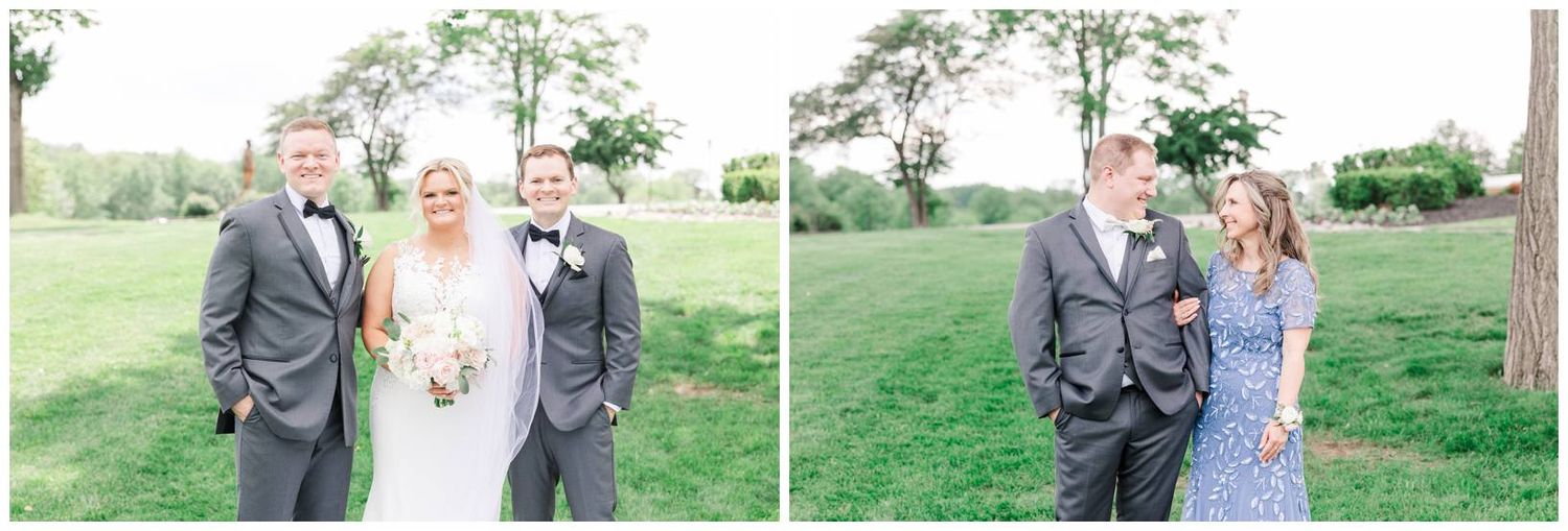 Wedding party members share joyful moments together outdoors at a scenic country venue.