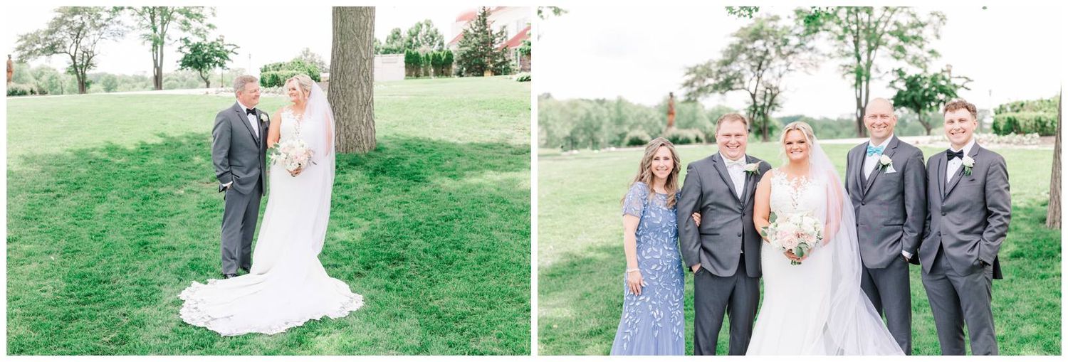 Wedding party poses together on a lush green lawn outside during a spring celebration.