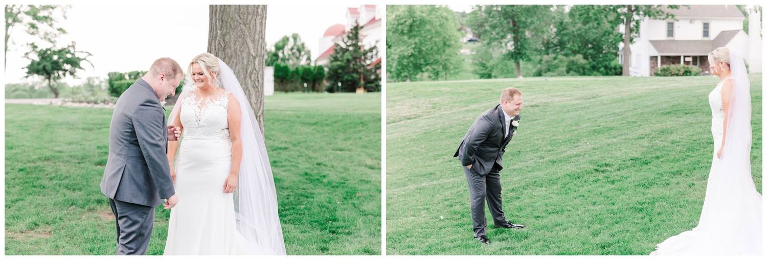 A couple shares wedding moments on a grassy hillside with elegant attire and natural outdoor scenery.