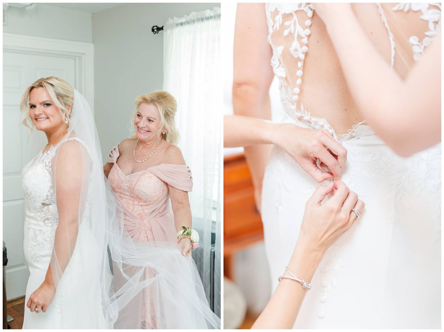 Two soft pink and white bridal gowns shown side by side, with a close-up detail of delicate jewelry and dress fastening.