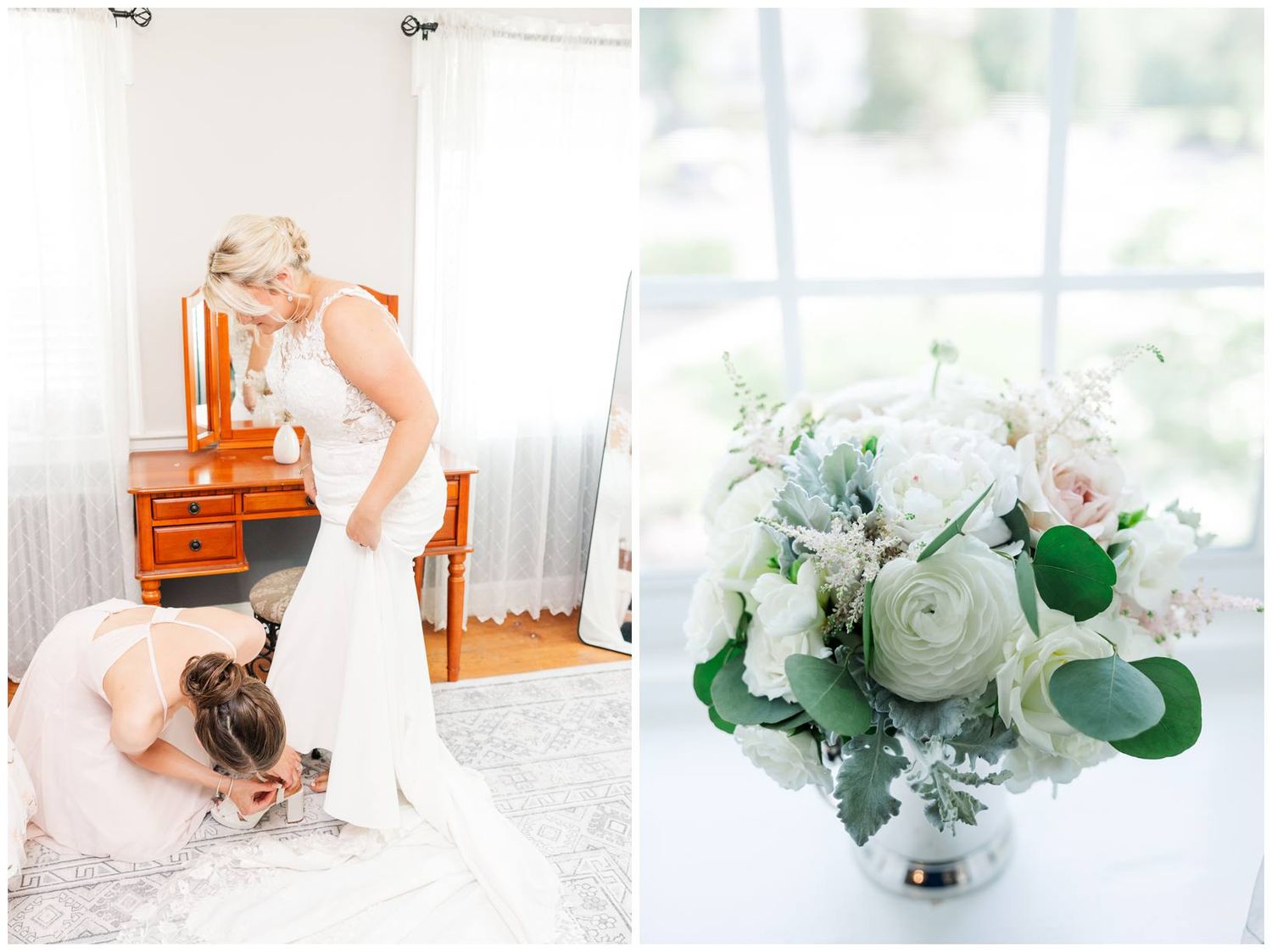 Wedding preparations scene with a white bridal gown and an elegant silver vase filled with soft white roses and eucalyptus.