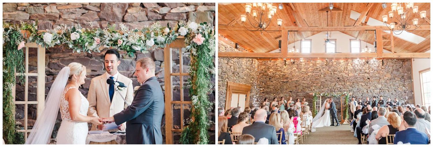 A couple exchanges vows at a garden wedding venue and celebrates with guests in a rustic barn reception space.