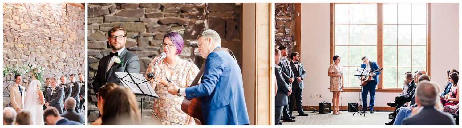 Two people hold hands at a wedding ceremony while guests shower them with confetti in a church entryway.