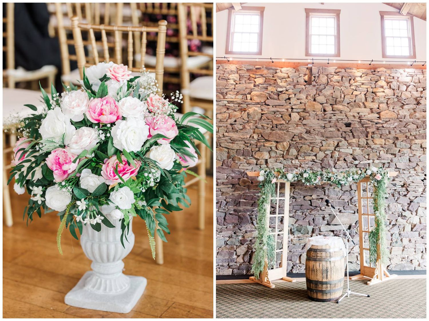 Elegant wedding floral arrangements featuring pink and white blooms with greenery in a white urn and rustic stone wall setting.