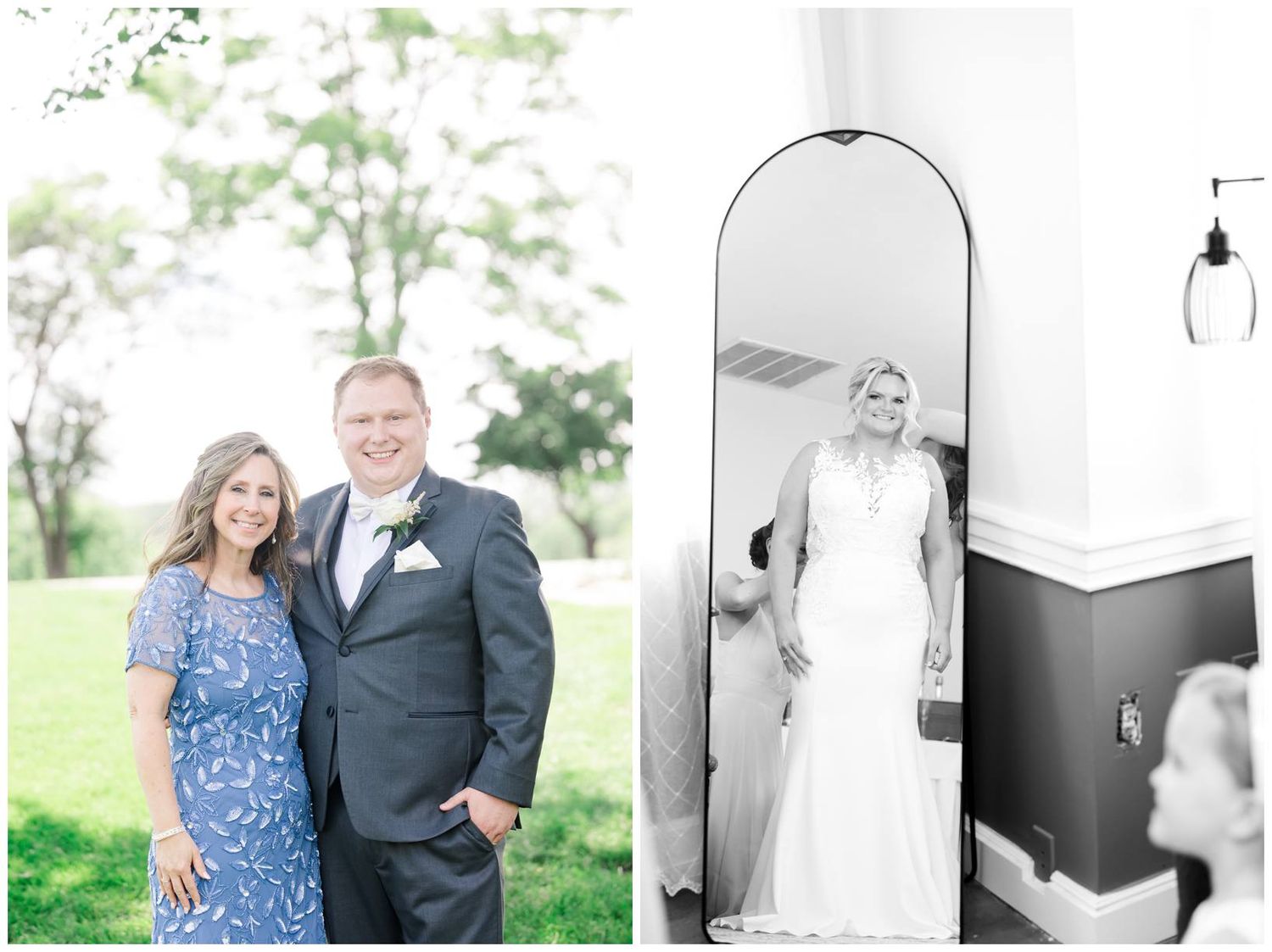A wedding scene with a blue floral dress and dark suit on the left, and a mirror reflection of a bride on the right.
